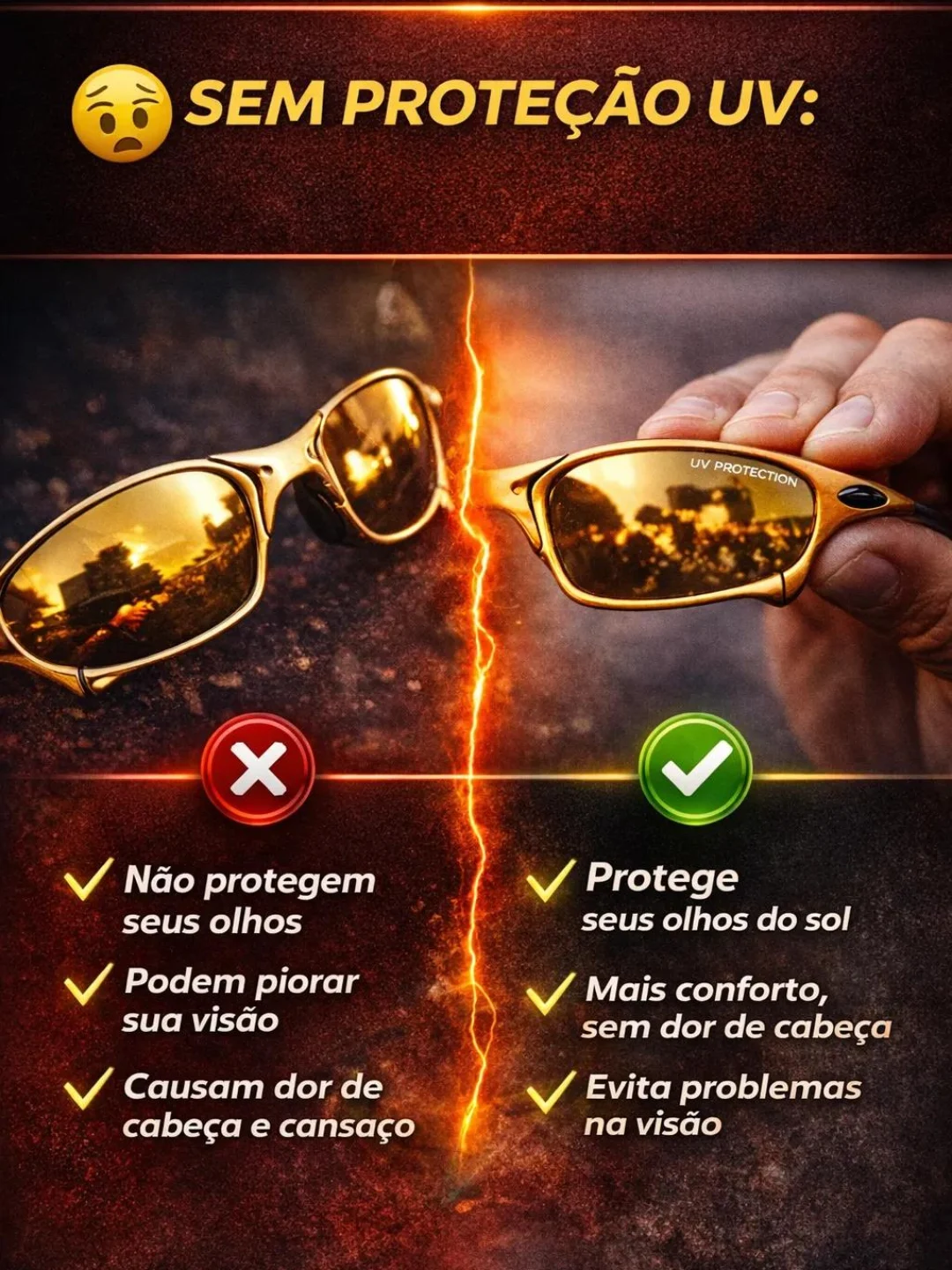 Arte explicando vantagens de óculos com proteção UV